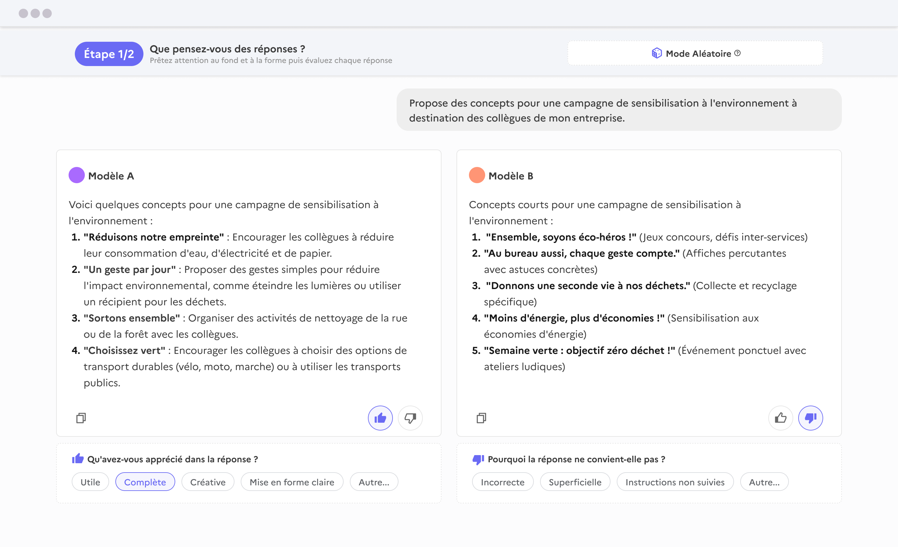 Capture d’écran de l’arène compar:ia, avec la question initiale, les deux réponses des modèles et les boutons de vote.